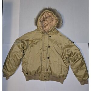 Y2K Vintage Hip Hop 2000s Gold Baby Phat Puffer Coat Fur Hood Womens XL